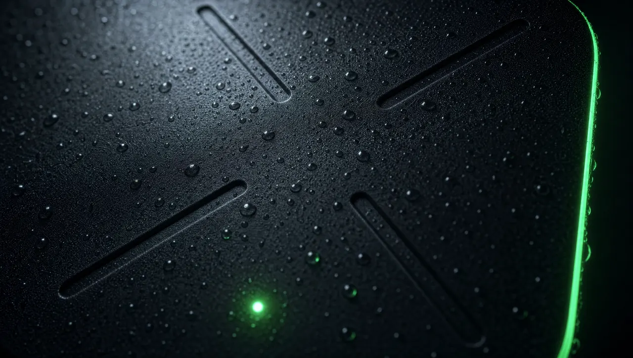 Concept render: close-up of the charger's ribbed matte casing in rain, with a green status light